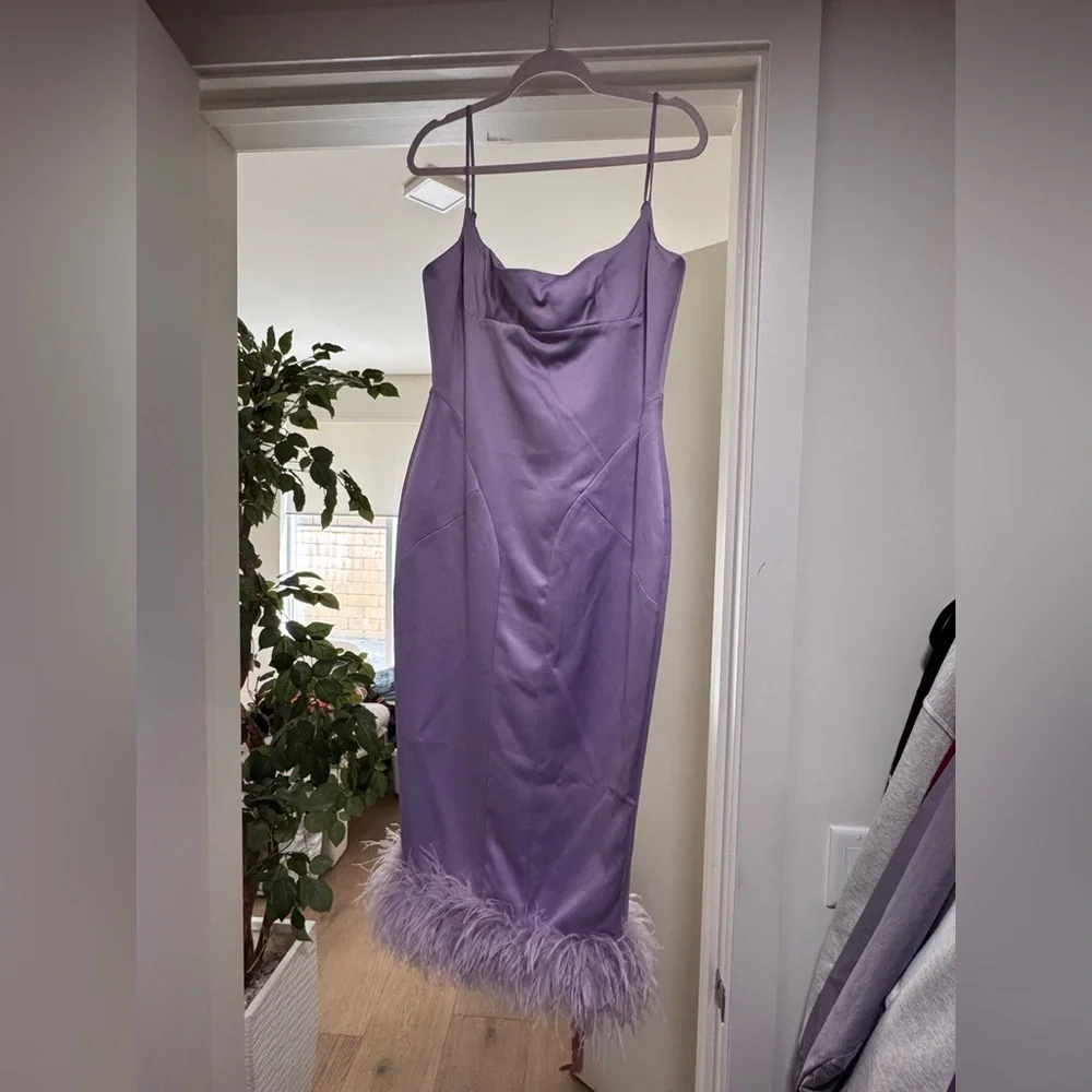 House of CB Helena Orchid Midi Feather Trim Dress - NWT - L+ - Picture 4 of 4